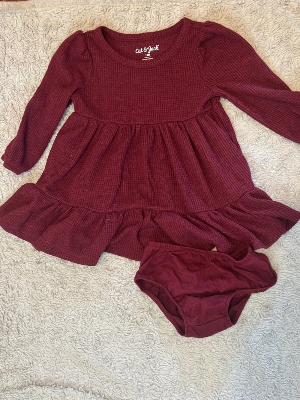 Cat & Jack Wine Long-Sleeve Waffle Knit Dress with Matching Bloomers - 18M